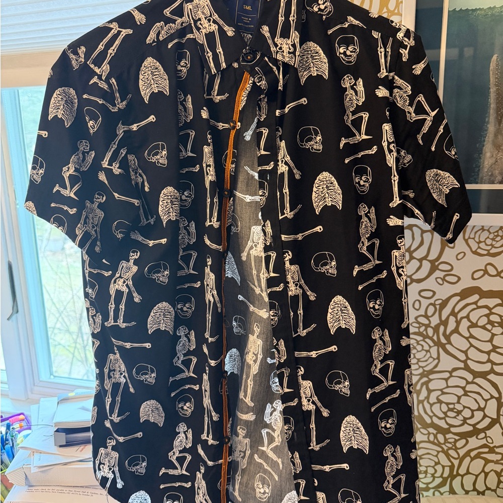 100% cotton Men’s Black Short Sleeve Button-Up Shirt with White Skeleton Print